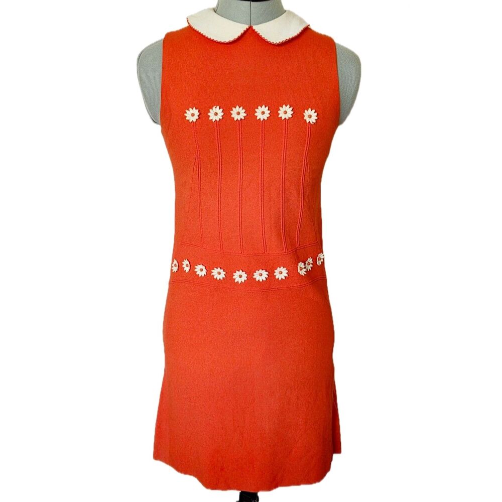 RARE Vintage 60s SHUBETTE OF LONDON Orange Crepe Daisy Mod Mini Dress, Sz 00 / 0